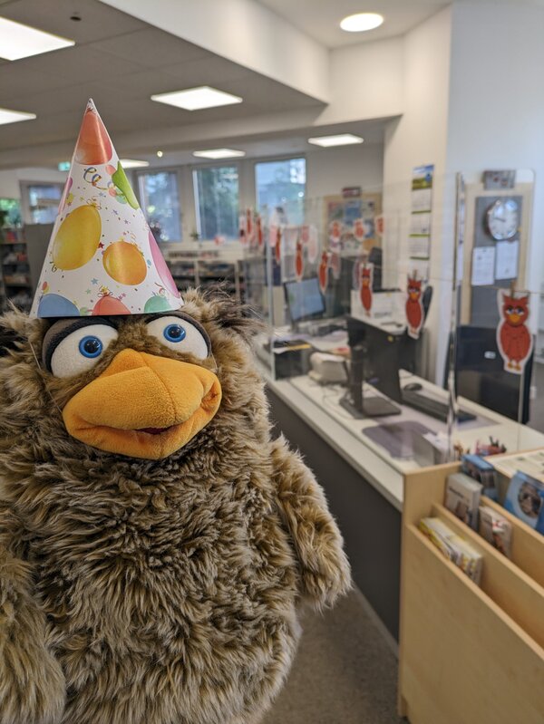Bild vergr&ouml;&szlig;ern: das Foto zeigt das B&uuml;cherei Maskottchen Euli mit einem Partyhut auf dem Kopf