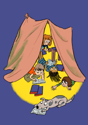 Bild vergr&ouml;&szlig;ern: Das Hauptmotiv des Gratis-Comic-Tag 2026: Vier Kinder in einer "Deckenburg" lesen gemeinsam mit einem Hund Comics.