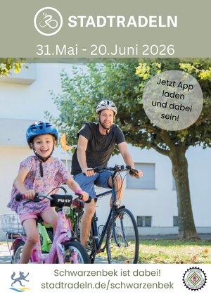 Bild vergr&ouml;&szlig;ern: Das Plakat zum STADTRADELN 2026: Ein Vater und seine Tochter fahren auf ihren Fahrr&auml;dern und l&auml;cheln.