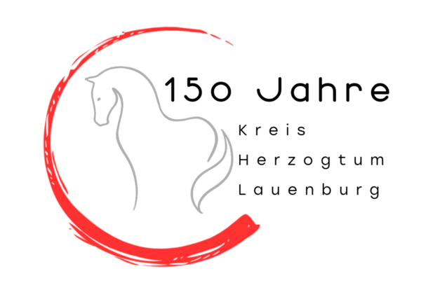 Bild vergr&ouml;&szlig;ern: Auf dem Bild ist das Logo zum 150-j&auml;hrigen Jubil&auml;um des Kreis Herzogtum Lauenburg zu sehen. Es besteht aus dem Schriftzug "150 Jahr Herzogtum Lauenburg, der aus wenigen Strichen gezeichneten Sillouette eines Pferdes und einem roten fast vollst&auml;ndigen Rand eines Kreises der sich um Pferd und Schriftzug f&uuml;gt.