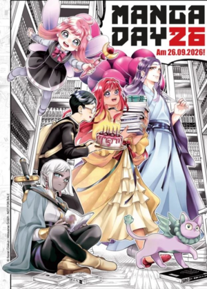 Bild vergr&ouml;&szlig;ern: Werbeplakat zum Manga Day 26 am 26.09.2026: Mehrere Manga-Figuren feiern mit B&uuml;chern, Kuchen und Luftballons vor einem B&uuml;cherregal.