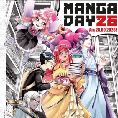 Werbeplakat zum Manga Day 26 am 26.09.2026: Mehrere Manga-Figuren feiern mit B&uuml;chern, Kuchen und Luftballons vor einem B&uuml;cherregal.