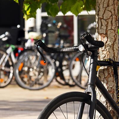 Ein schwarzes Fahrrad mit Rennlenker lehnt an einem Baum. Im unscharfen Hintergrund stehen weitere Fahrr&auml;der vor einem Geb&auml;ude.